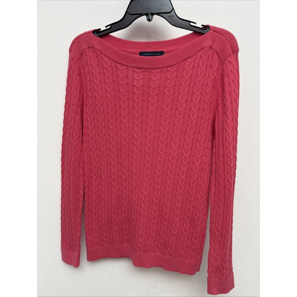 Tommy Hilfiger Cable Knit Sweater, Pink Fuisha, Boat Neck, Cotton Women’s Medium